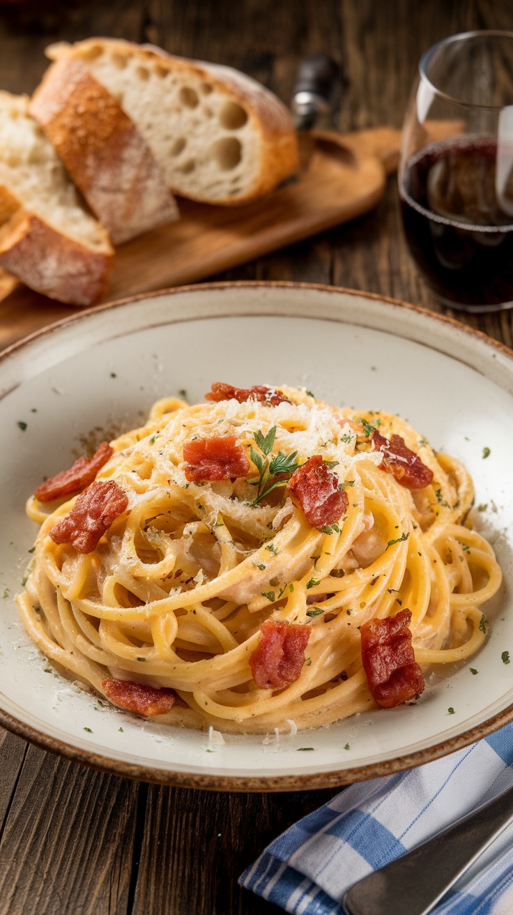 Classic Spaghetti Carbonara Recipe A plate of spaghetti carbonara with creamy sauce, crispy pancetta, and grated cheese, on a rustic wooden table.